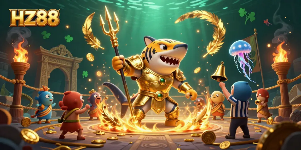 Experience thrilling bets at HZ88 with a fierce golden shark in an underwater arena.