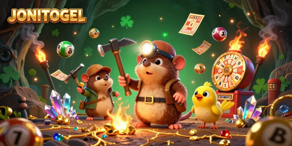 Engaging illustration of JONITOGEL highlighting lottery excitement with a treasure hunter and vibrant game elements.