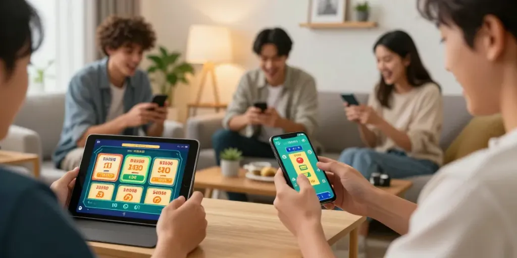 Pemain aktif taruhan togel di CIREBONTOTO menggunakan aplikasi di smartphone, menunjukkan suasana seru dan komunitas permainan.