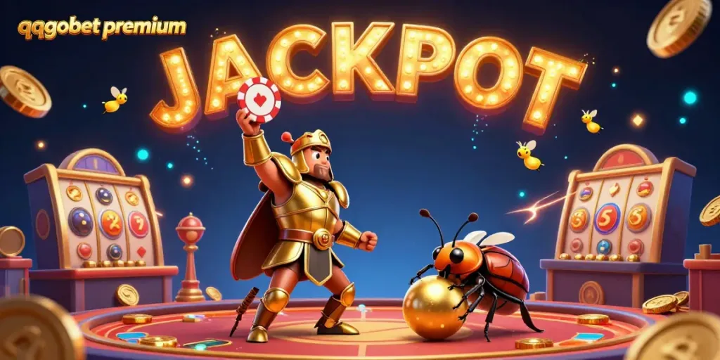 Engage with qqgobetpremium's thrilling games and jackpot excitement showcased in this vibrant 3D casino illustration.