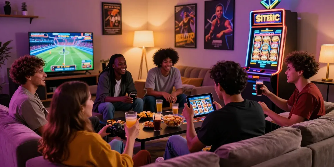 Friends celebrating with a situs slot game on a tablet during an exciting game night in a cozy living room.
