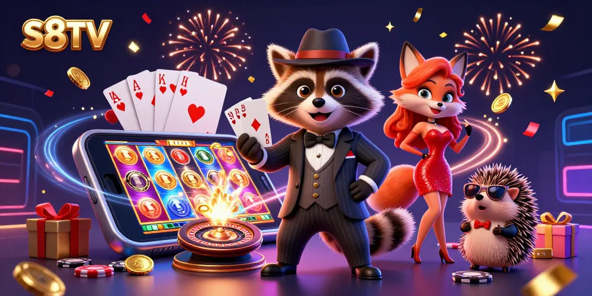 S8TV showcases a suave raccoon, a glamorous fox, and a hedgehog in a vibrant online casino scene.