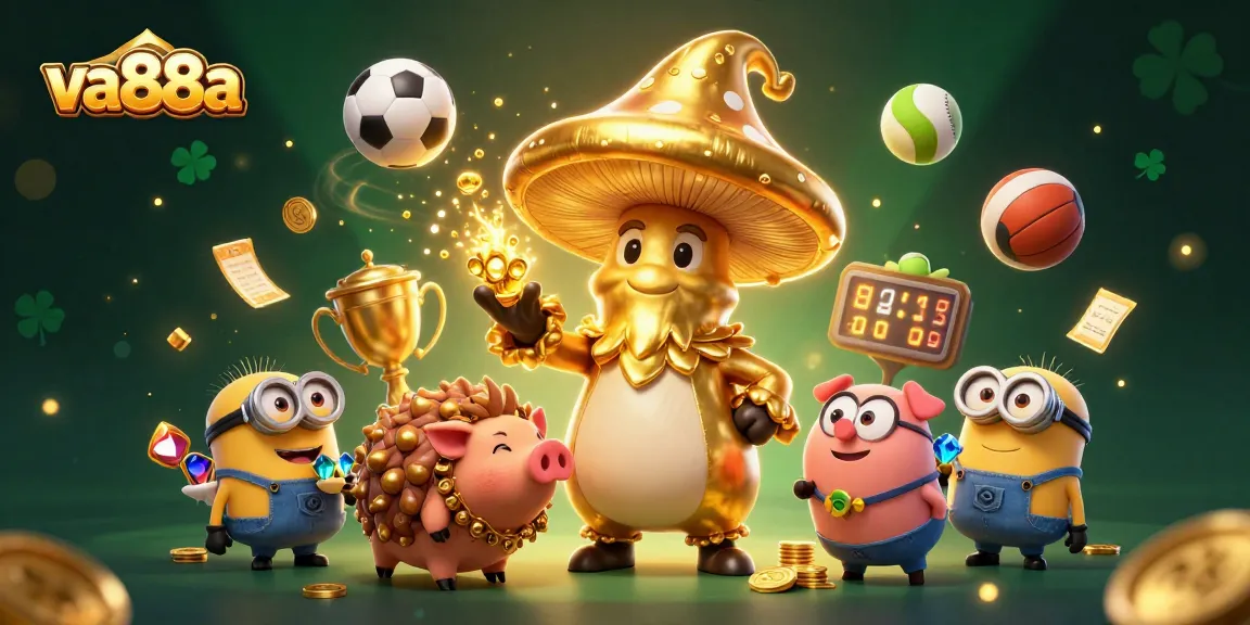 Engage with va88a's exciting casino experience, featuring a golden wizard and treasure-hunting pig amidst vibrant game elements.
