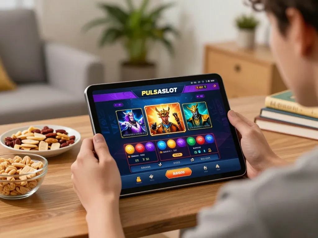 PULSASLOT gaming setup with a user enjoying a slot game on a tablet in a cozy environment.
