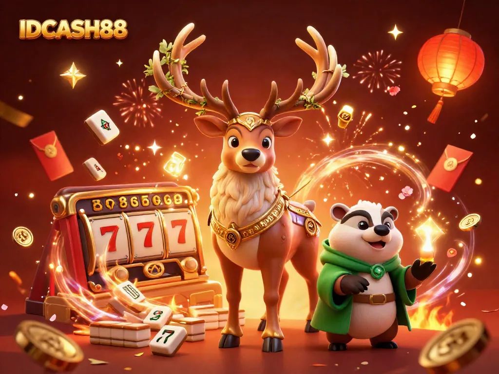 Experience the excitement of IDCASH88 with a vibrant 3D casino scene showcasing a druid stag and golden game elements.