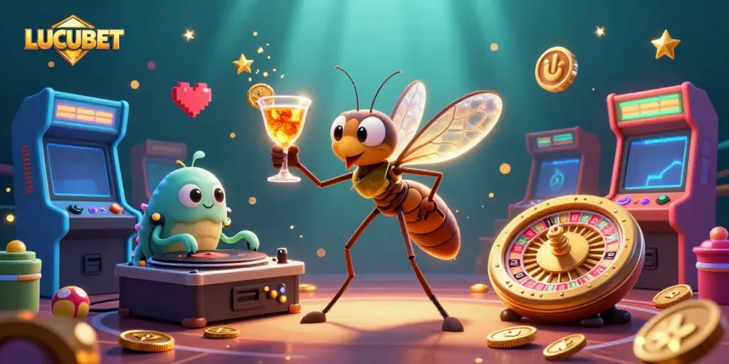 Experience LUCUBET's vibrant casino atmosphere with a dynamic 3D illustration featuring unique gaming characters.