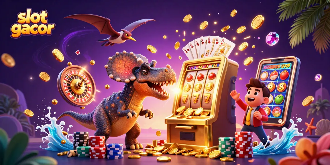 Menangkan slot gacor saat dinamisnya mesin slot dengan dinosaur 3D mengadu dan koin berkilauan terbang.
