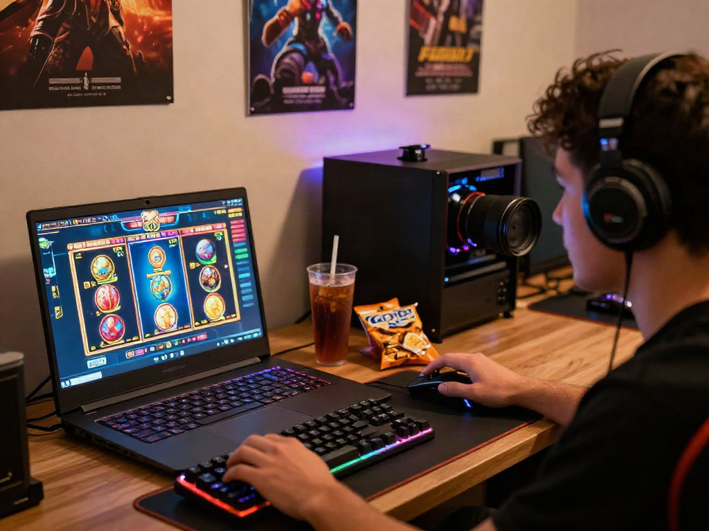 Permainan situs slot di laptop dengan tampilan grafis berwarna-warni dan perlengkapan gaming di meja.