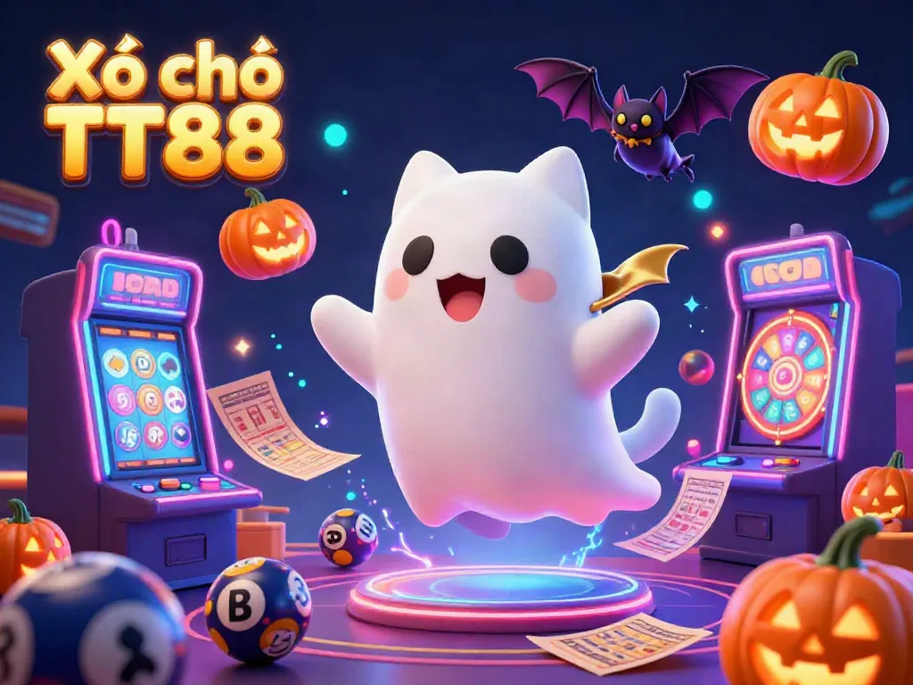 Engage in the excitement of Xổ số TT88 with a friendly ghost cat and lottery elements dancing in a vibrant casino.