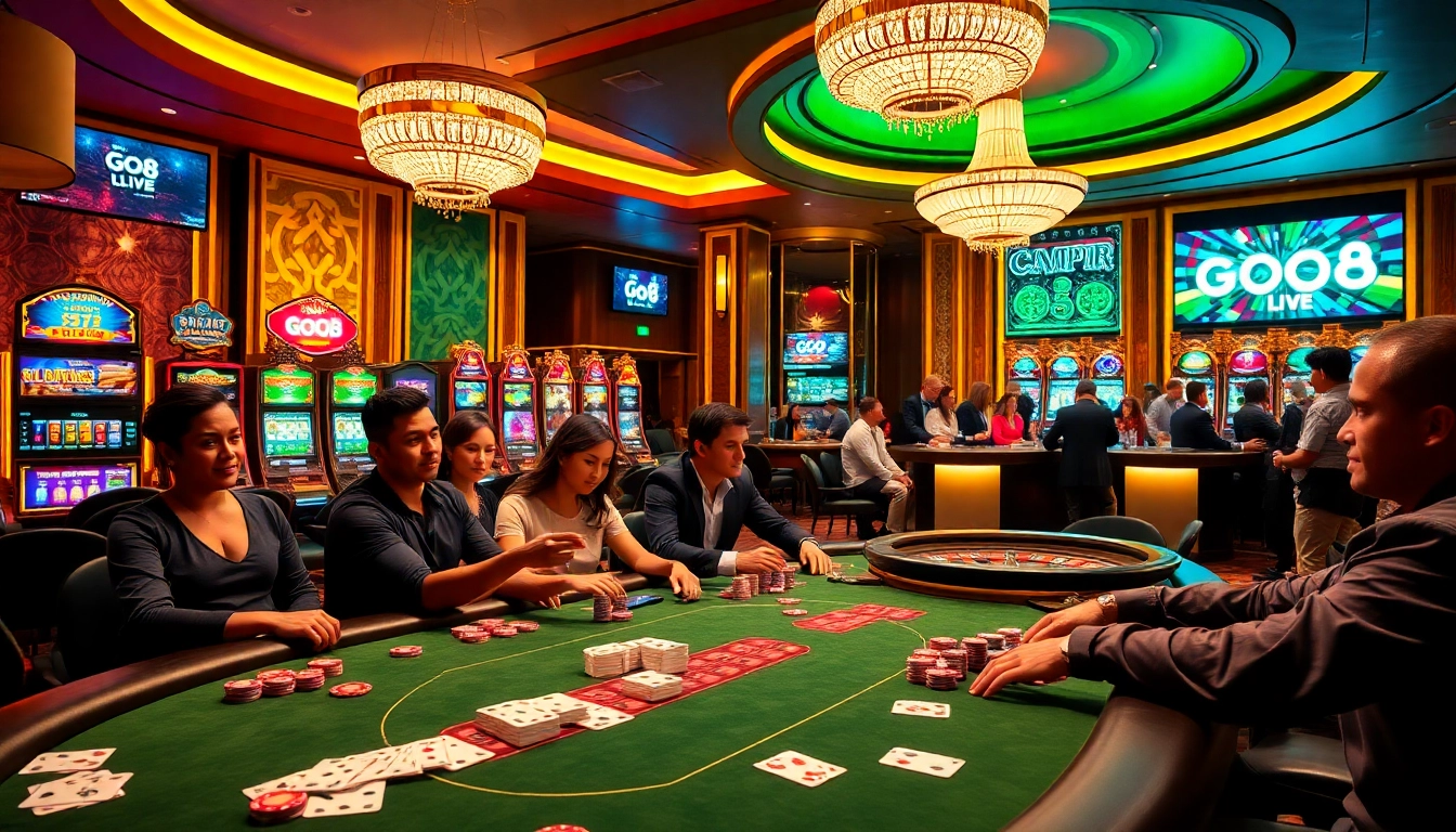 The excitement of high-stakes poker at a luxurious casino, with vibrant elements and the website https://go8.live/ highlighted.