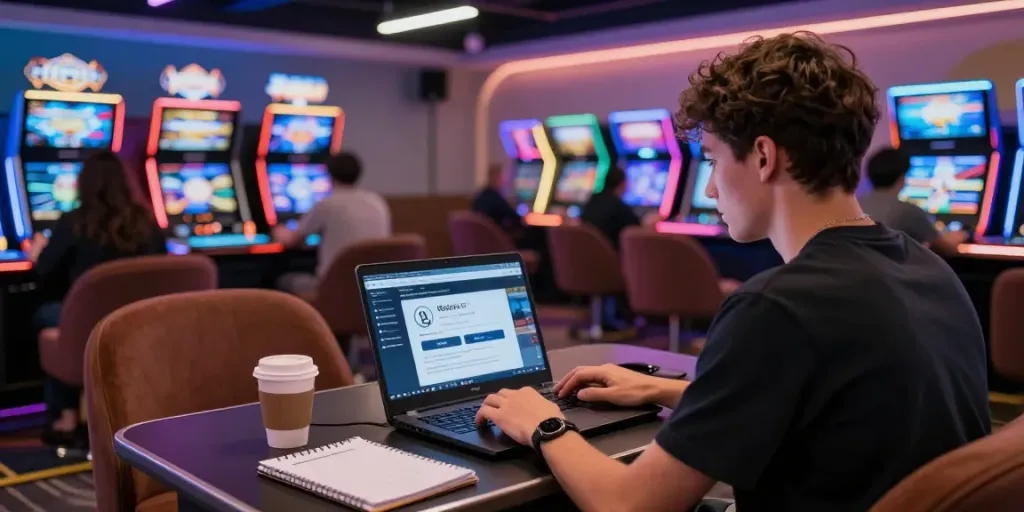 Engaging gaming scene showcasing the Wolfbet Bonus official Page on a laptop with vibrant casino lights.
