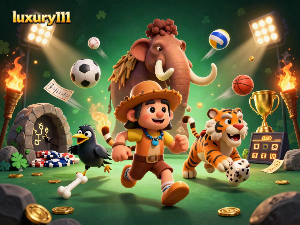 Experience luxury111 with a vibrant 3D illustration of a prehistoric casino scene featuring dynamic game elements and captivating characters.