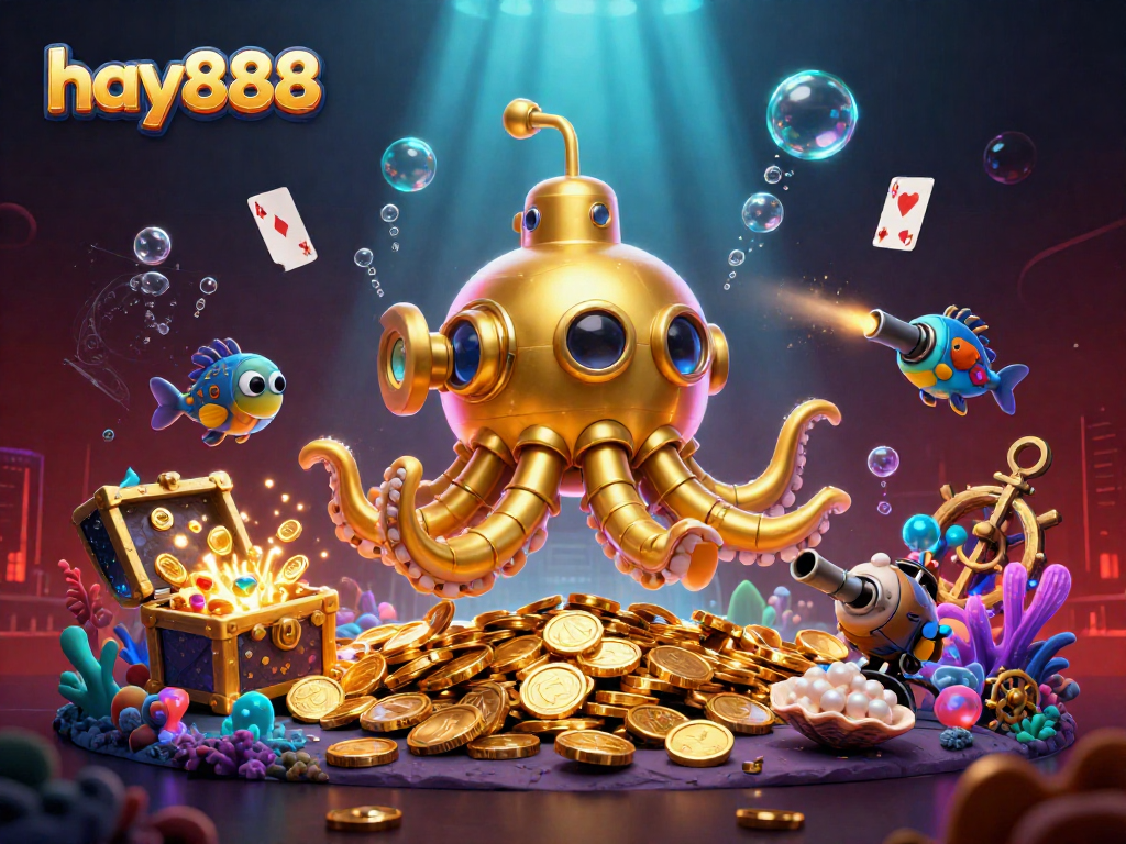 Experience the excitement of hay888 with a golden kraken submarine and mechanical fish in a treasure-filled scene
