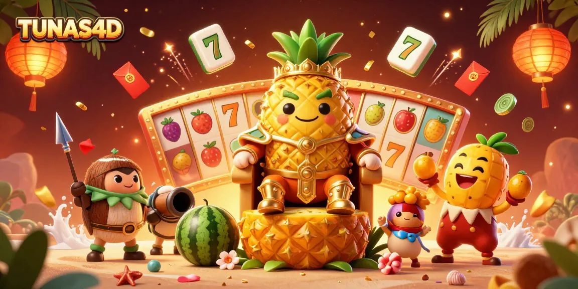 TUNAS4D highlights a vibrant beach casino scene with characters celebrating slots victories and festive elements.