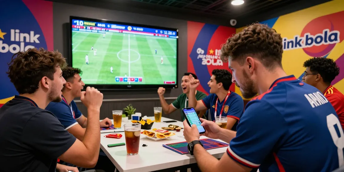 Excited fans betting on football matches using link bola in a lively sports setting.