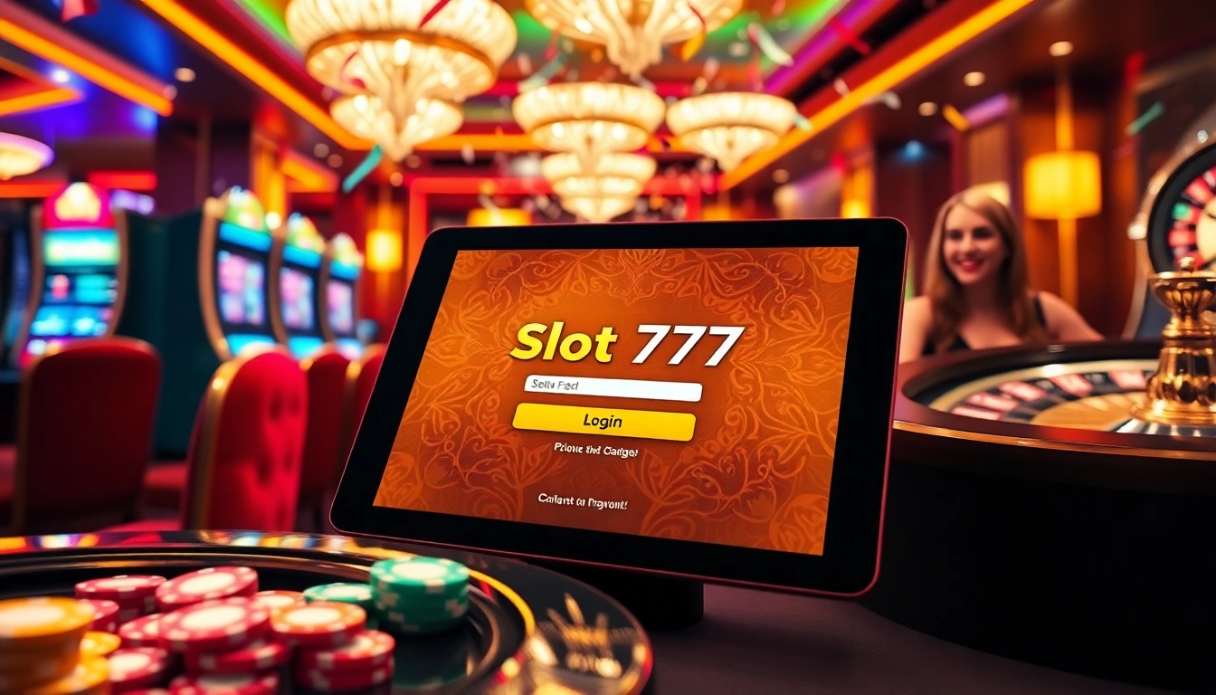 Exciting slot777 login scene with vibrant slot machines, golden chips, and engaged players celebrating wins.