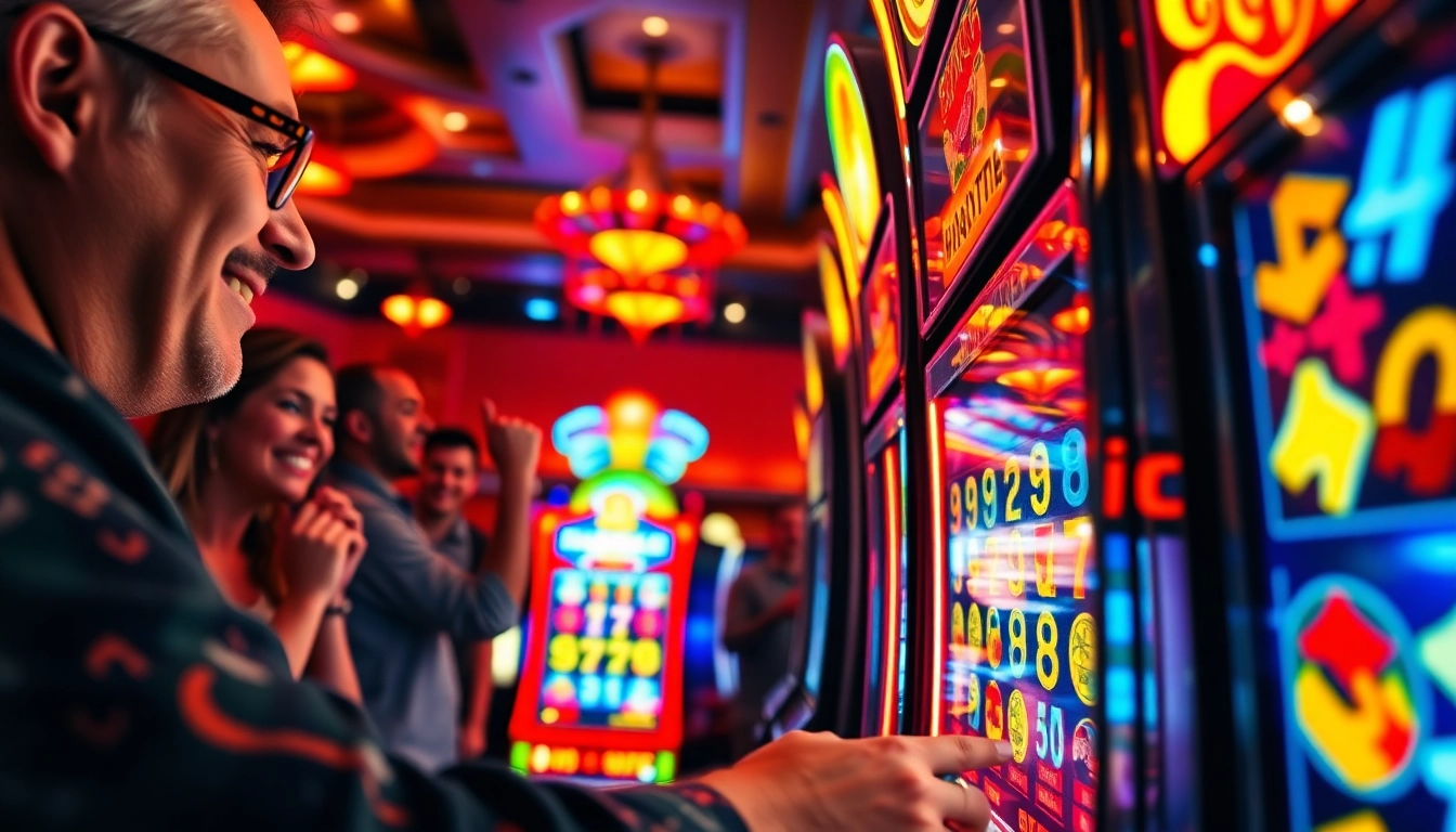Pemain bersemangat memainkan situs slot gacor di kasino dengan slot machine berwarna-warni.