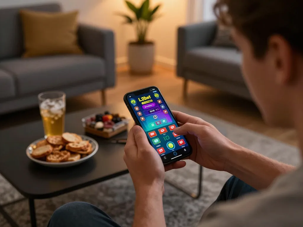 Trải nghiệm trò chơi hấp dẫn trên ứng dụng Link 12bet hiển thị trên smartphone trong một phiên chơi thú vị tại nhà.
