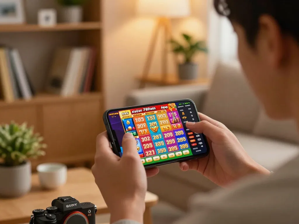 xổ số 789win user engaging with a smartphone app, surrounded by lottery graphics
