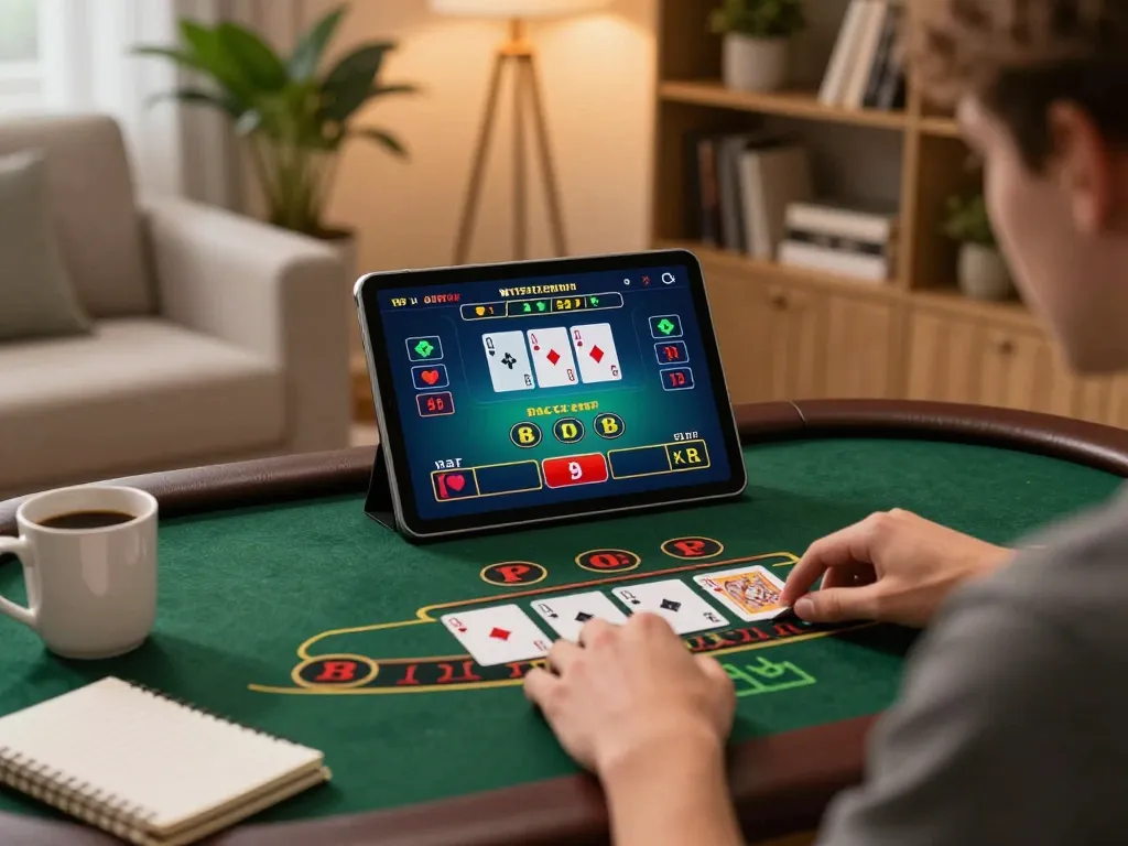 Player engaging with baccarat on a tablet, showcasing the excitement of trang chủ 78win in a cozy home setting.