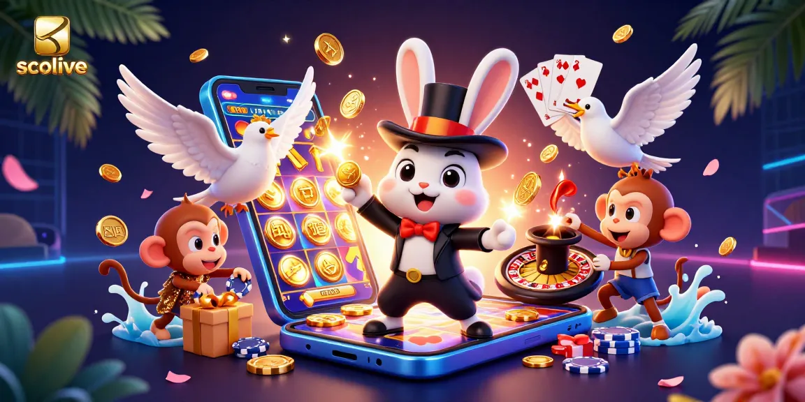 Socolive features a magician rabbit pulling golden coins, dove, and monkey amidst vibrant gambling elements.