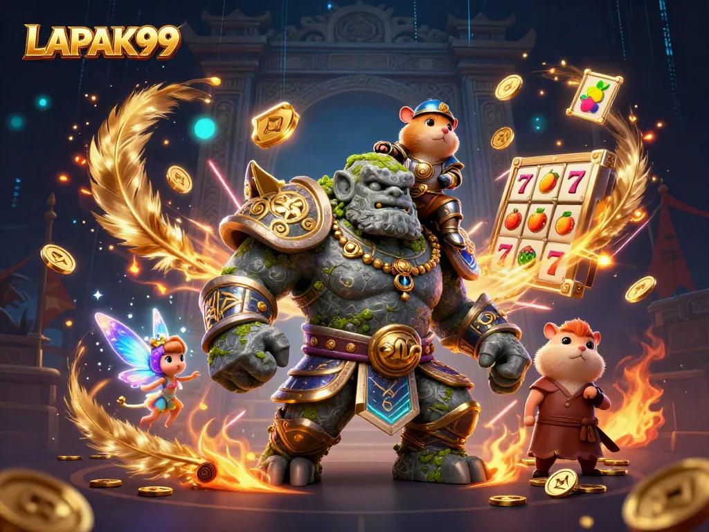 LAPAK99 promotes excitement with a stone golem guardian and mystical characters in a vibrant casino illustration.