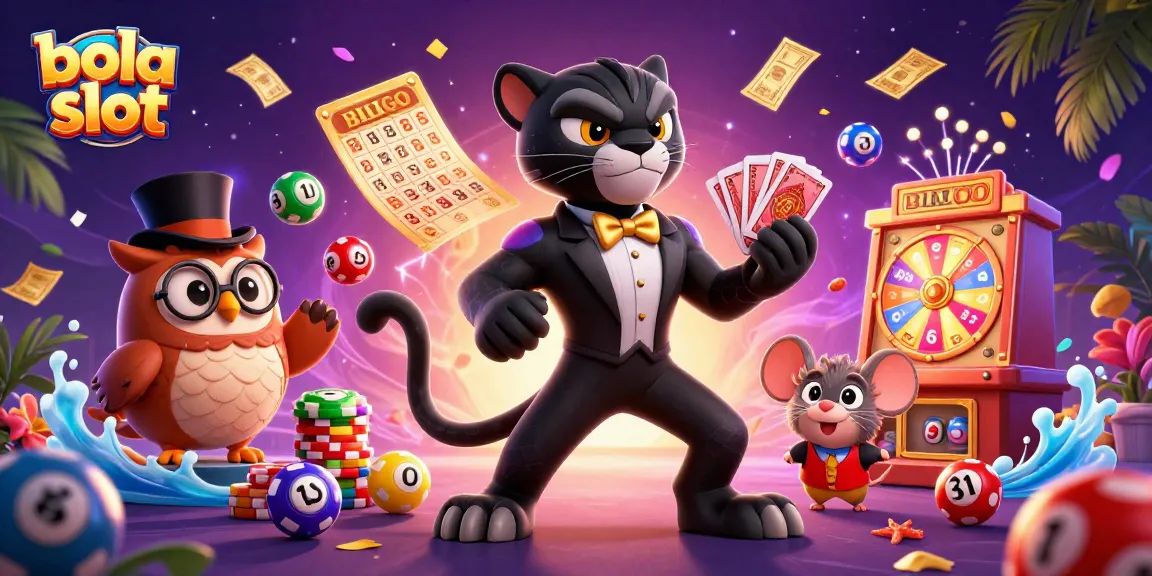 Experience the thrill of bola slot with a dynamic illustration of casino characters and vibrant game elements.