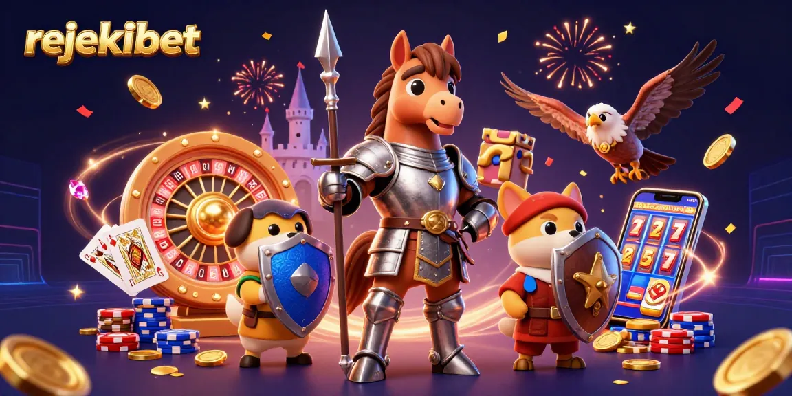 Win big with rejekibet in this vibrant 3D casino scene filled with coins, cards, and excitement.