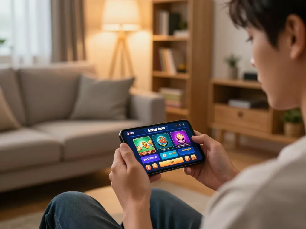 Situs toto gaming excitement on smartphone in a cozy home gaming setup