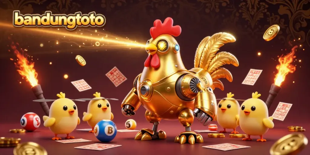 Experience the dynamic atmosphere of bandungtoto with golden rooster robot shooting laser beams and vibrant lottery elements.