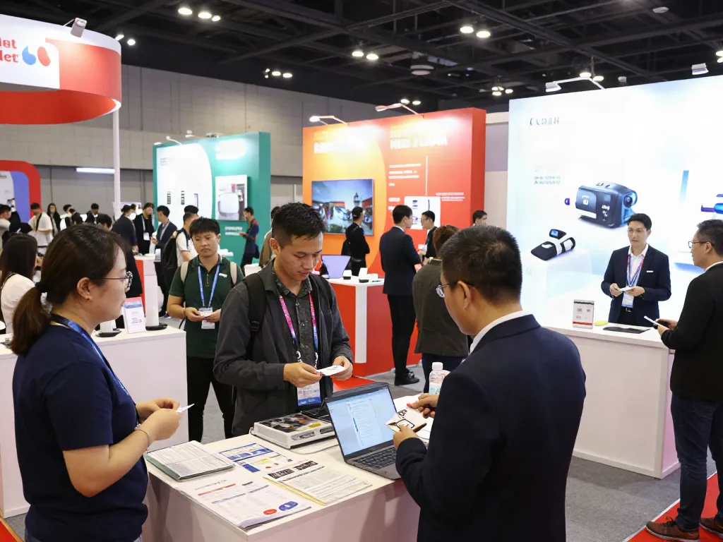 Exhibitors engaging visitors at a lively trade show, showcasing products and networking opportunities.