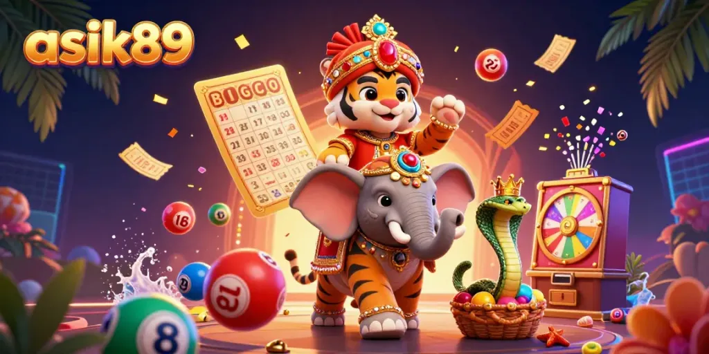 Engage with asik89's vibrant casino scene featuring a royal elephant and dynamic gaming elements.
