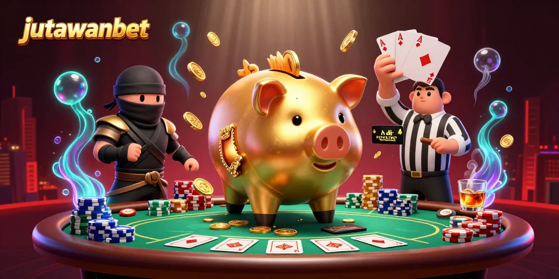 Join the game with jutawanbet, featuring vibrant 3D characters battling at a poker table.
