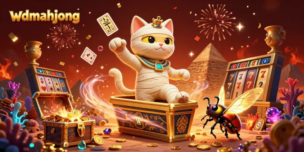 Experience gaming excitement at wdmahjong with a vibrant illustration featuring a mummy cat and treasures.