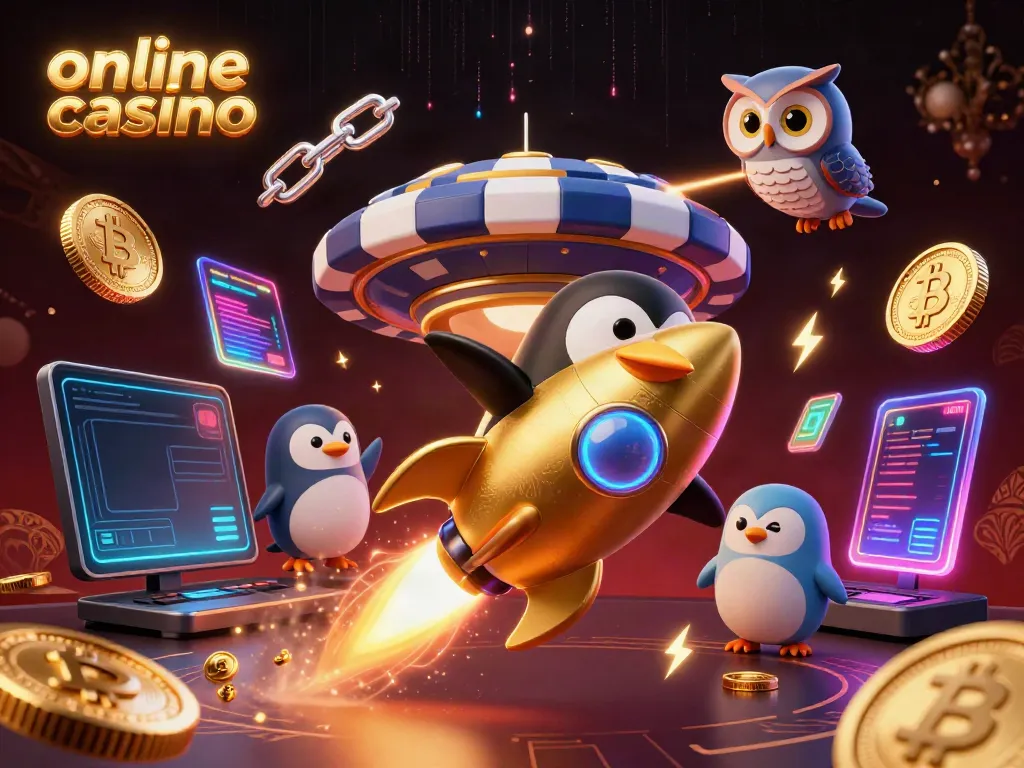 Experience the thrill of online casino gaming with a vibrant 3D penguin scene featuring coins and crypto elements.