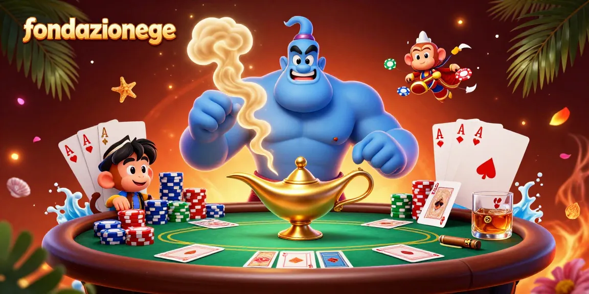 Experience the thrill of fondazionege with a lively scene of a genie, poker chips, and vibrant casino elements.