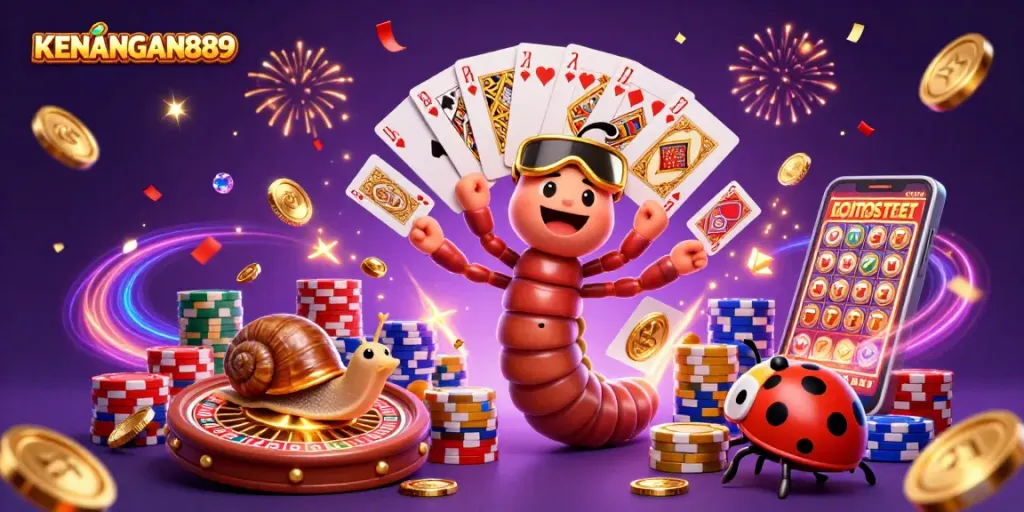 KENANGAN889 showcases a lively online gaming scene with a cartoon dealer, celebrating with vibrant casino elements.