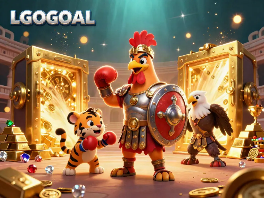 Experience the excitement of LGOGOAL with a gladiator rooster and a gold treasure vault in an engaging 3D illustration.
