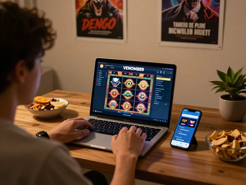 Enjoying intense gameplay of VENOM889 Slot on a laptop while seated comfortably at home