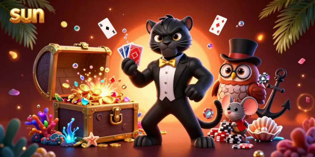 Experience thrilling online gaming action with sun-themed characters and vibrant casino elements.