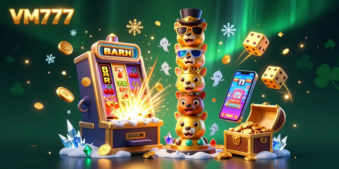 Experience the thrill of gaming at VM777 with vibrant totem characters and colorful slots.