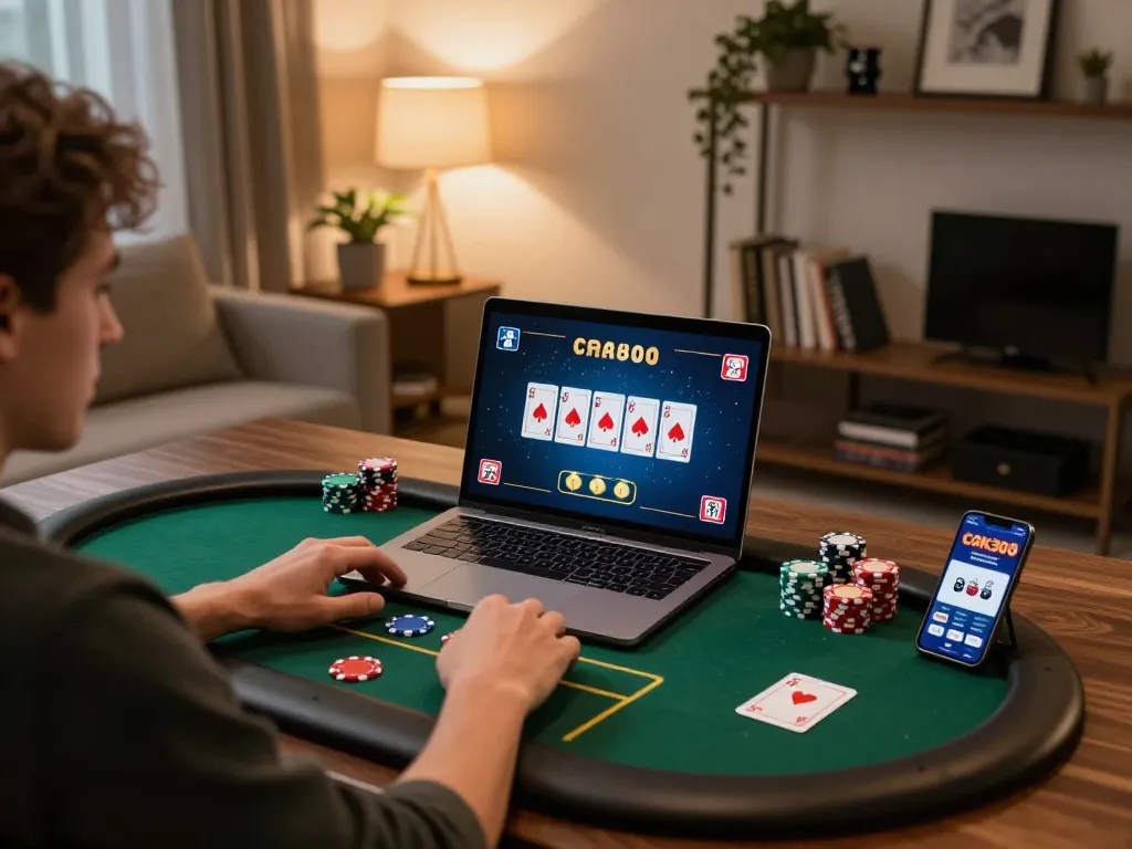 Engaging poker gameplay on cgk303 app, showcasing strategy in a cozy living room setting.