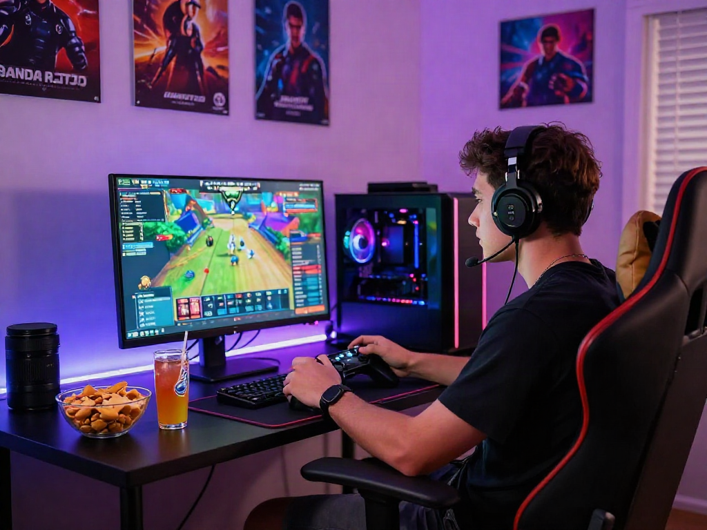 Gamer asyik bermain bandar toto di ruang tamu modern dengan suasana ceria dan lampu LED.