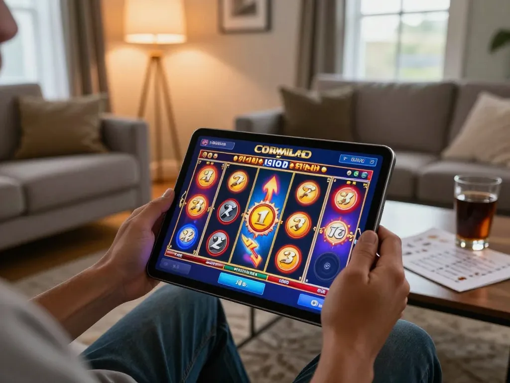 Engaging in a slot gacor session on a tablet, showcasing vibrant graphics and immersive game play.