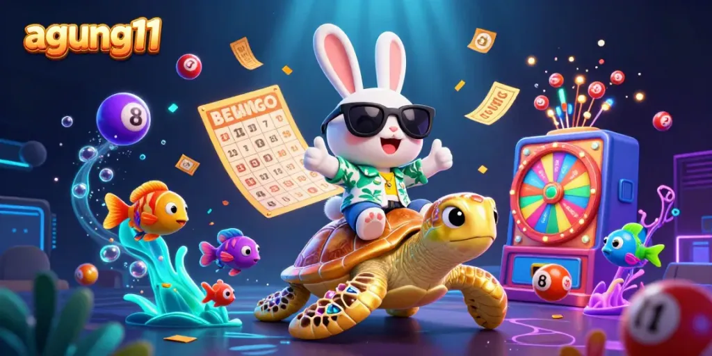 Engage with agung11's vibrant gaming world featuring a lucky rabbit, golden turtle, and animated lottery elements.