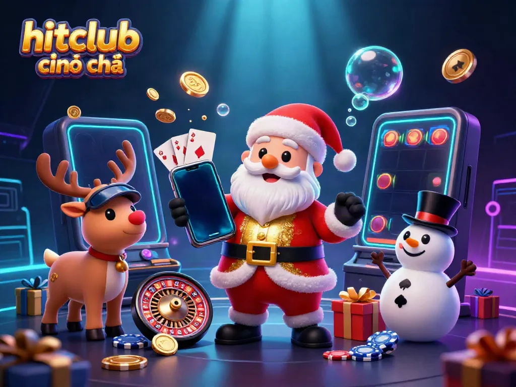 Engage with hitclub chính chủ in a vibrant scene featuring Santa, reindeer and a snowman in a casino setting with joyful slot jackpots.