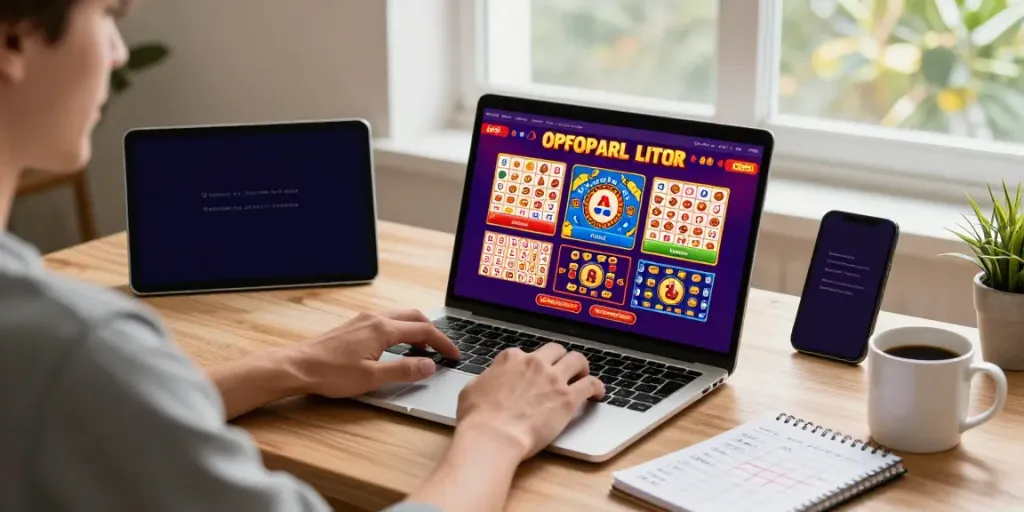 Pengguna aktif bermain ratutogel dengan antarmuka permainan berwarna di laptop, dalam suasana nyaman di rumah.