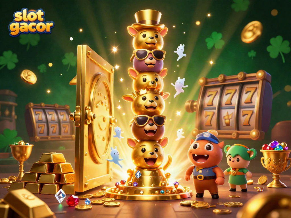 Putaran slot gacor yang mengasyikkan dengan harta karun emas dan karakter kasino yang penuh energi.