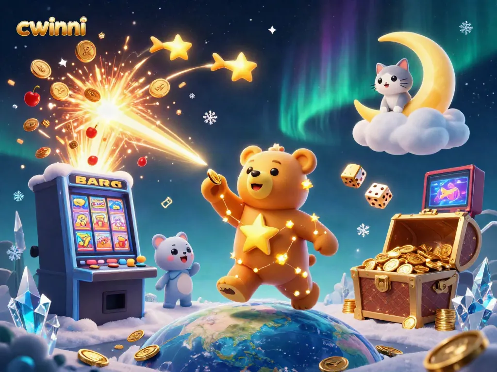 Experience the thrill of cwinni with a dynamic casino scene featuring a jackpot explosion and whimsical characters.