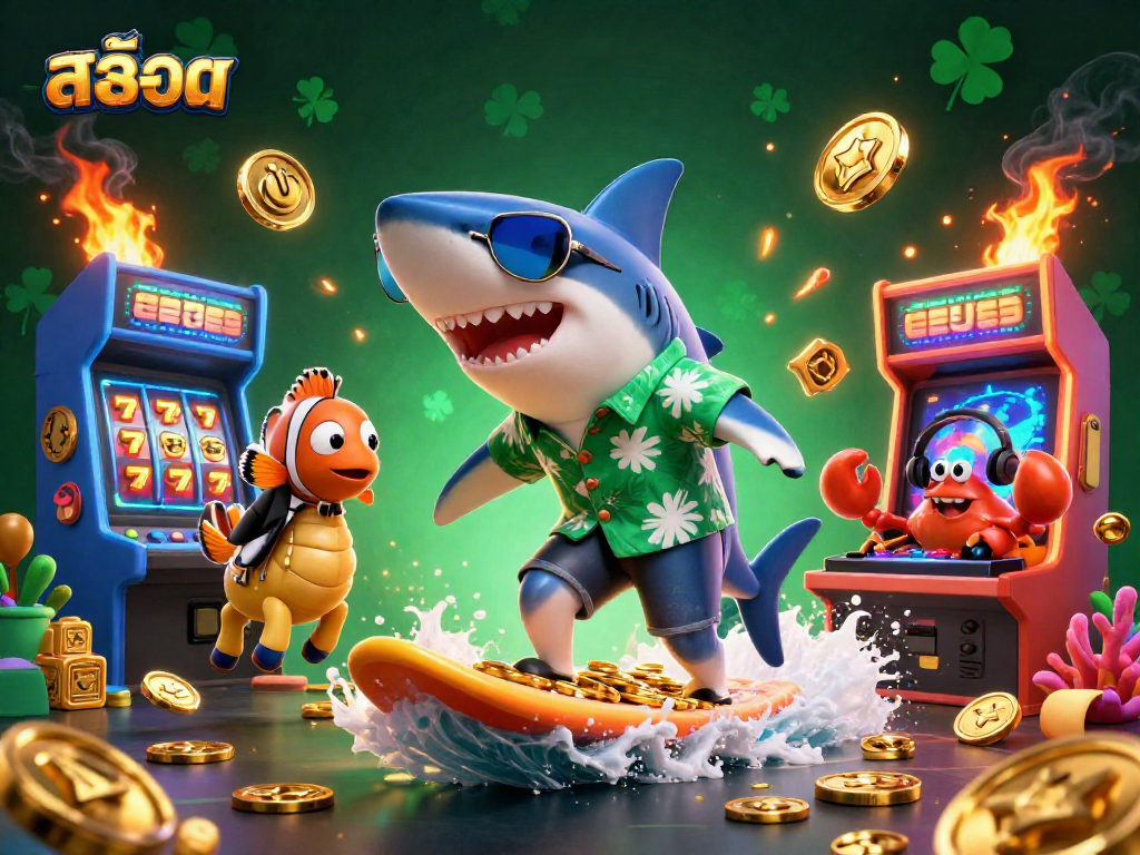 Play vibrant สล็อต games with a shark character surfing a wave of gold coins amidst colorful game machines.
